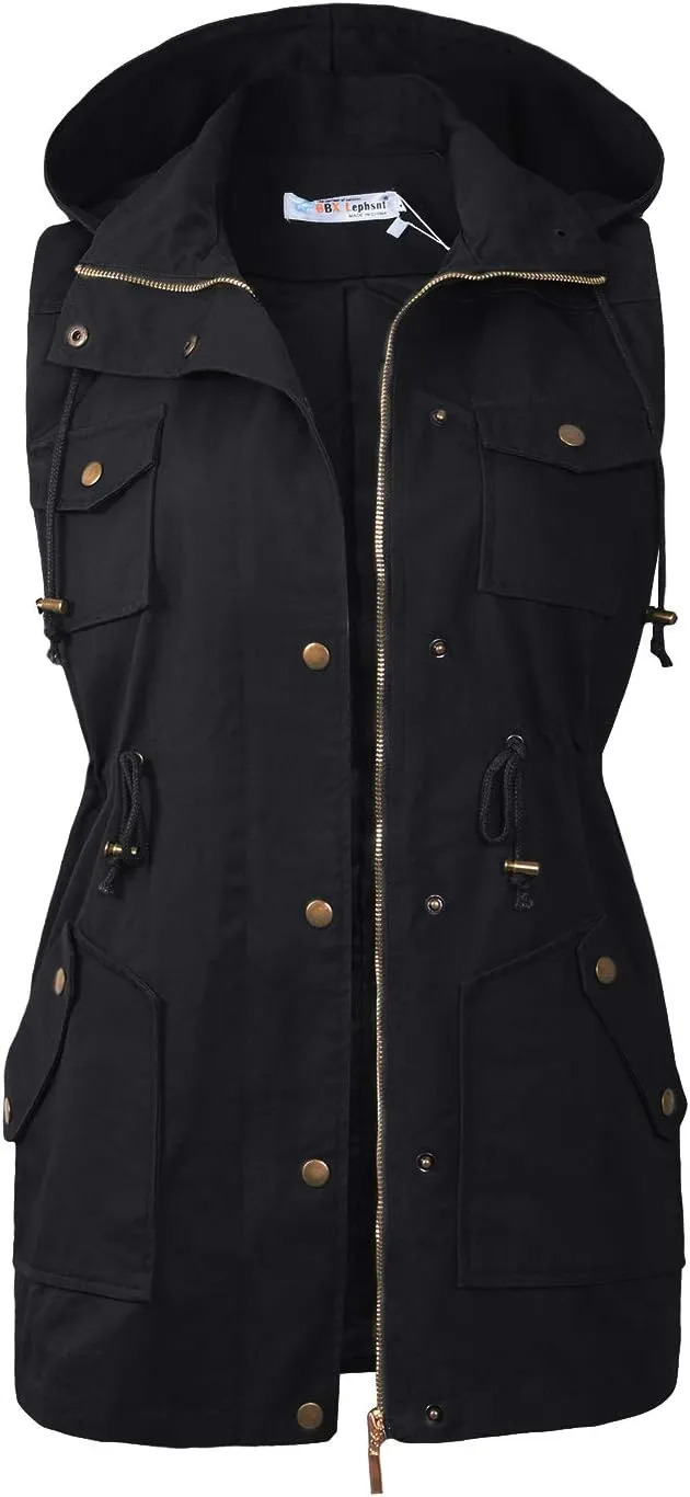 BBX Lephsnt Womens Utility Vest Drawstring Waist Military Sleeveless Jacket