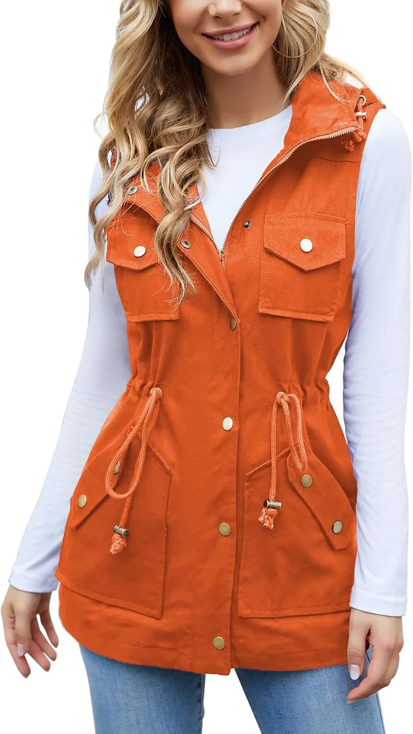 BBX Lephsnt Womens Utility Vest Drawstring Waist Military Sleeveless Jacket