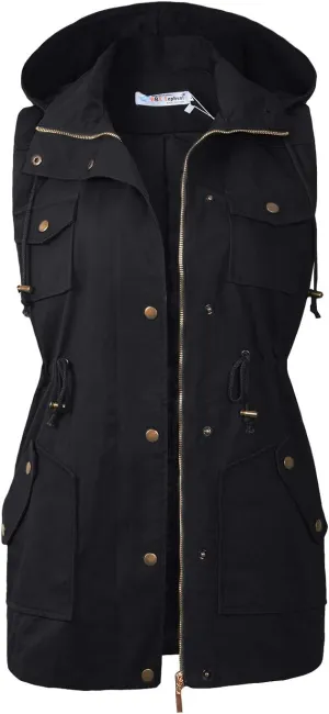 BBX Lephsnt Womens Utility Vest Drawstring Waist Military Sleeveless Jacket