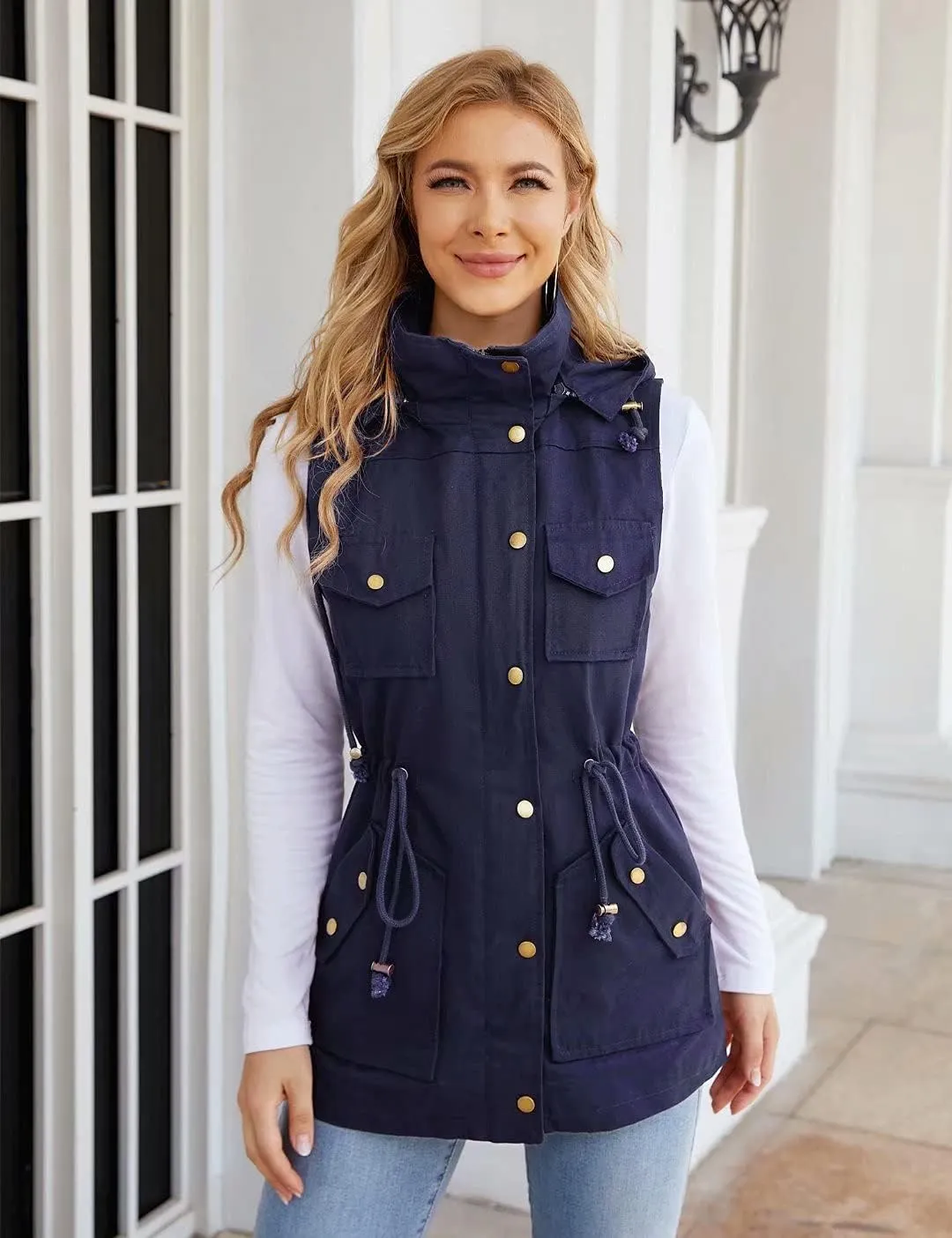 BBX Lephsnt Womens Utility Vest Drawstring Waist Military Sleeveless Jacket