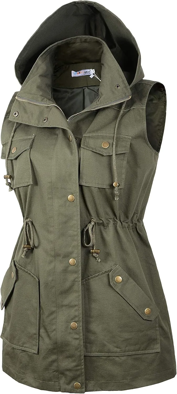 BBX Lephsnt Womens Utility Vest Drawstring Waist Military Sleeveless Jacket