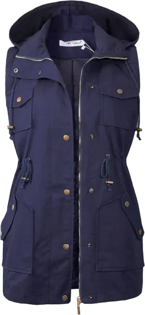 BBX Lephsnt Womens Utility Vest Drawstring Waist Military Sleeveless Jacket