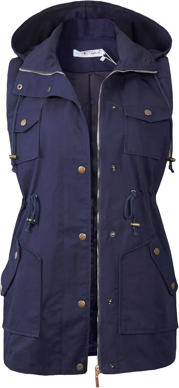 BBX Lephsnt Womens Utility Vest Drawstring Waist Military Sleeveless Jacket