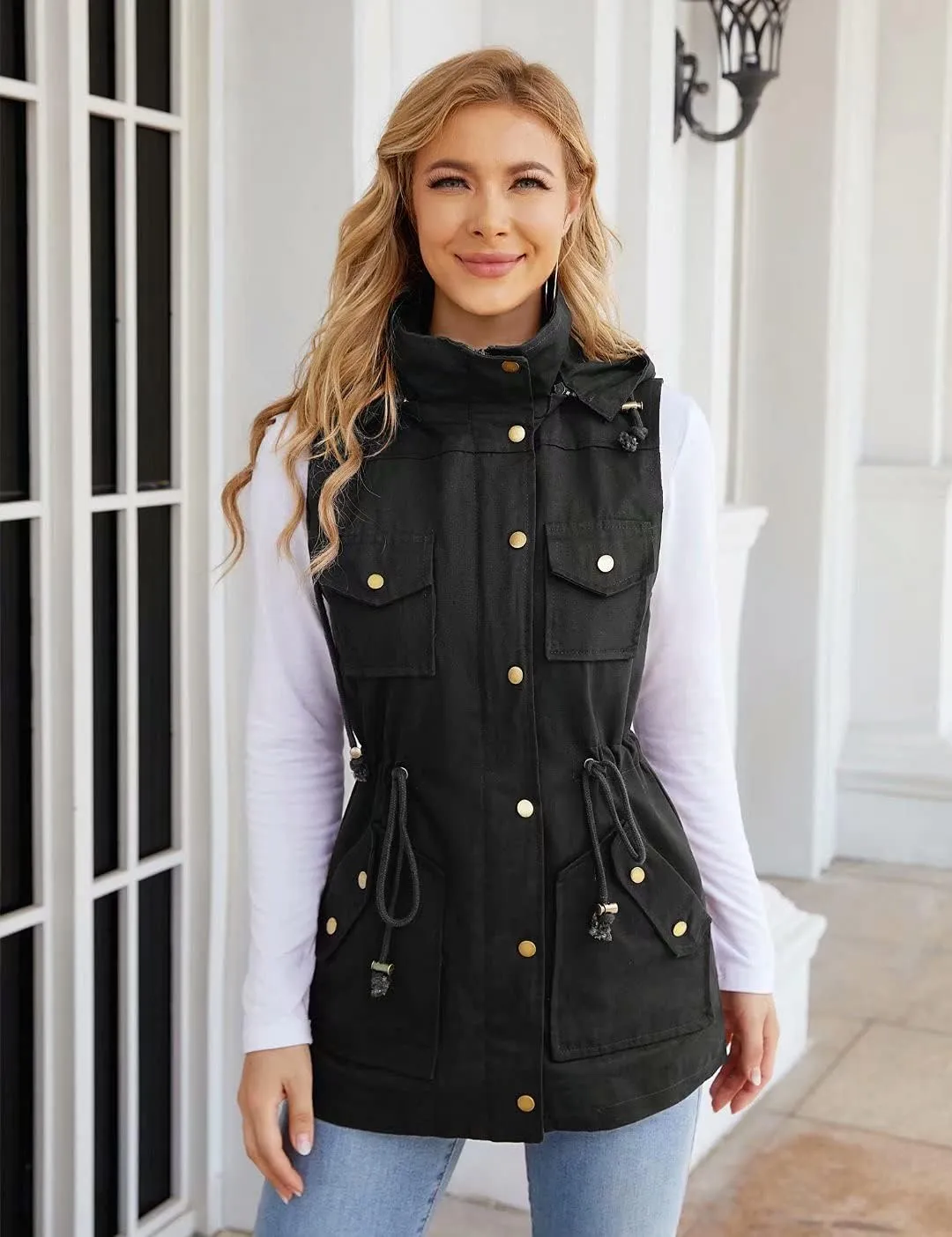 BBX Lephsnt Womens Utility Vest Drawstring Waist Military Sleeveless Jacket