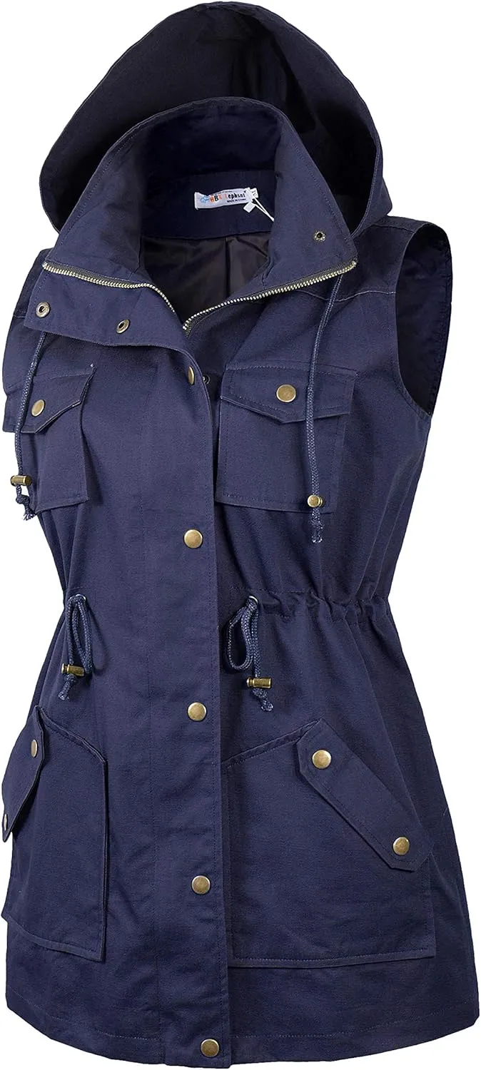 BBX Lephsnt Womens Utility Vest Drawstring Waist Military Sleeveless Jacket