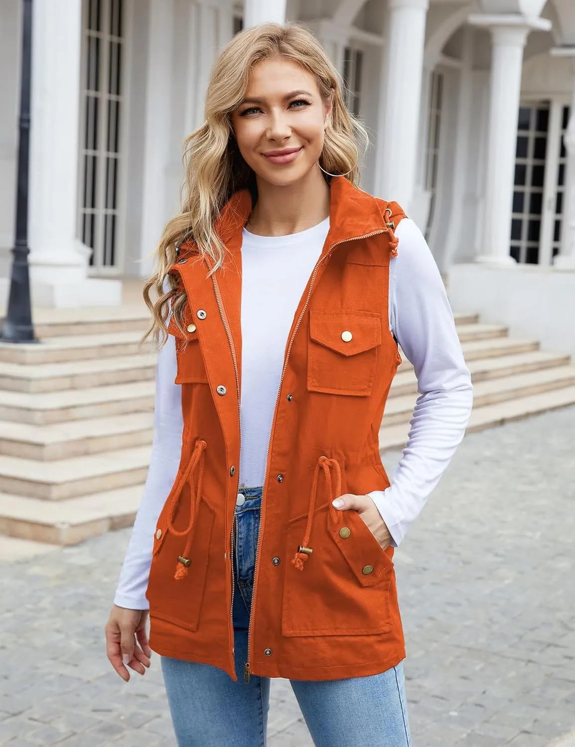 BBX Lephsnt Womens Utility Vest Drawstring Waist Military Sleeveless Jacket