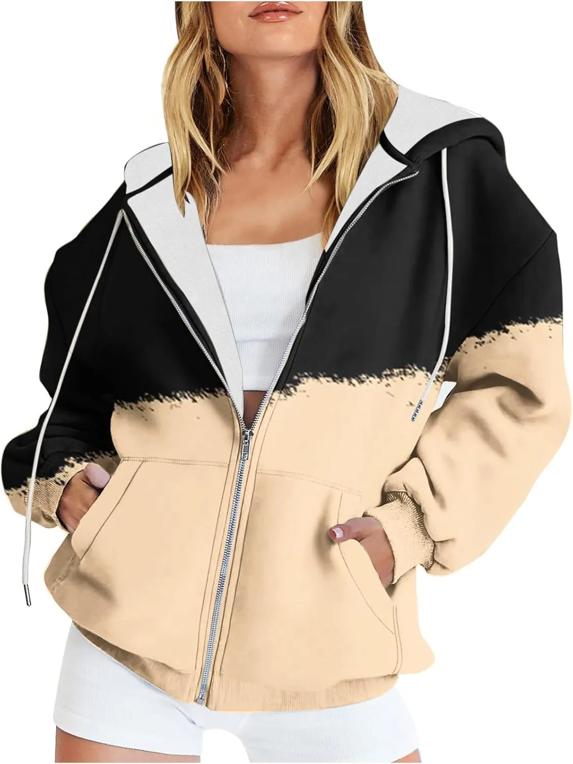 Bidobibo Womens Zip Up Sweatshirt Jacket Long Sleeve Track Jackets with Pockets Patchwork Hoodies Fleece Jacket for Women