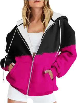 Bidobibo Womens Zip Up Sweatshirt Jacket Long Sleeve Track Jackets with Pockets Patchwork Hoodies Fleece Jacket for Women
