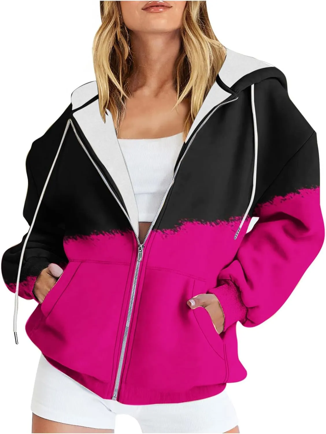 Bidobibo Womens Zip Up Sweatshirt Jacket Long Sleeve Track Jackets with Pockets Patchwork Hoodies Fleece Jacket for Women