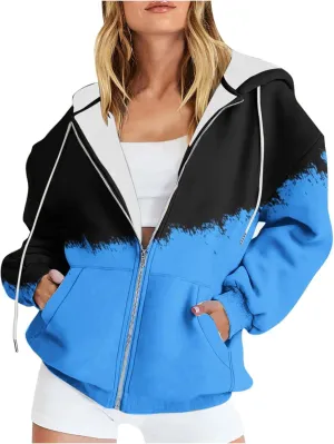 Bidobibo Womens Zip Up Sweatshirt Jacket Long Sleeve Track Jackets with Pockets Patchwork Hoodies Fleece Jacket for Women