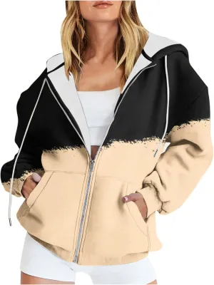 Bidobibo Womens Zip Up Sweatshirt Jacket Long Sleeve Track Jackets with Pockets Patchwork Hoodies Fleece Jacket for Women