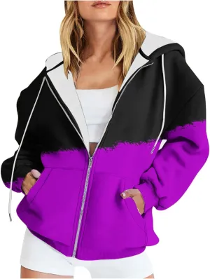 Bidobibo Womens Zip Up Sweatshirt Jacket Long Sleeve Track Jackets with Pockets Patchwork Hoodies Fleece Jacket for Women