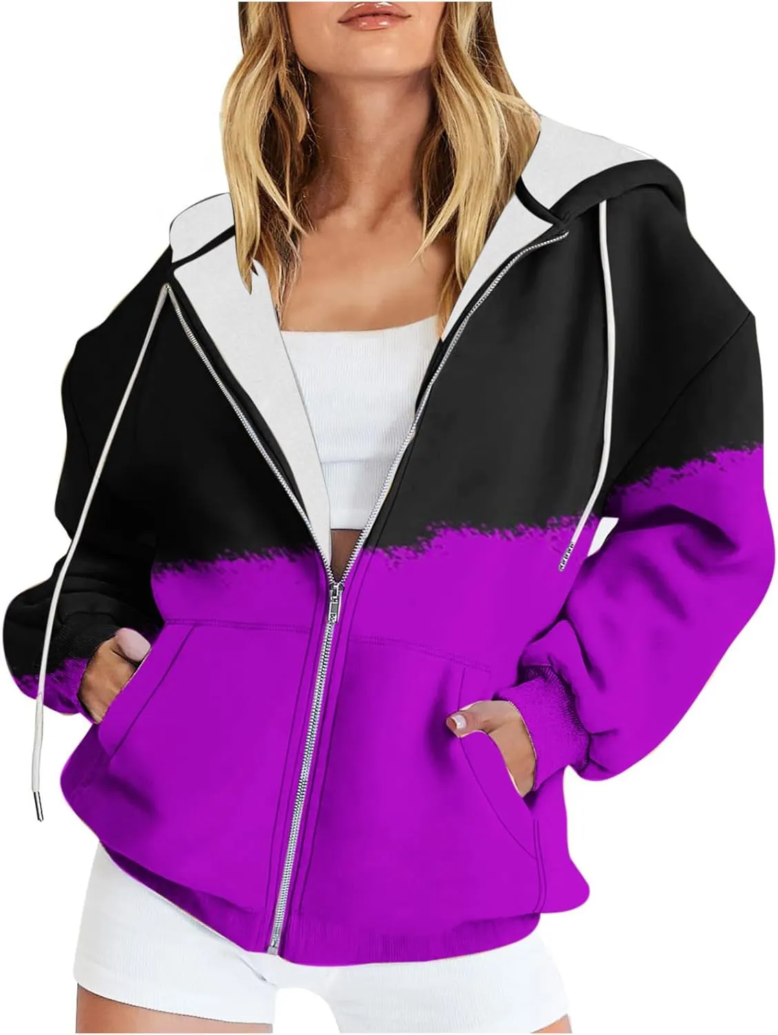 Bidobibo Womens Zip Up Sweatshirt Jacket Long Sleeve Track Jackets with Pockets Patchwork Hoodies Fleece Jacket for Women