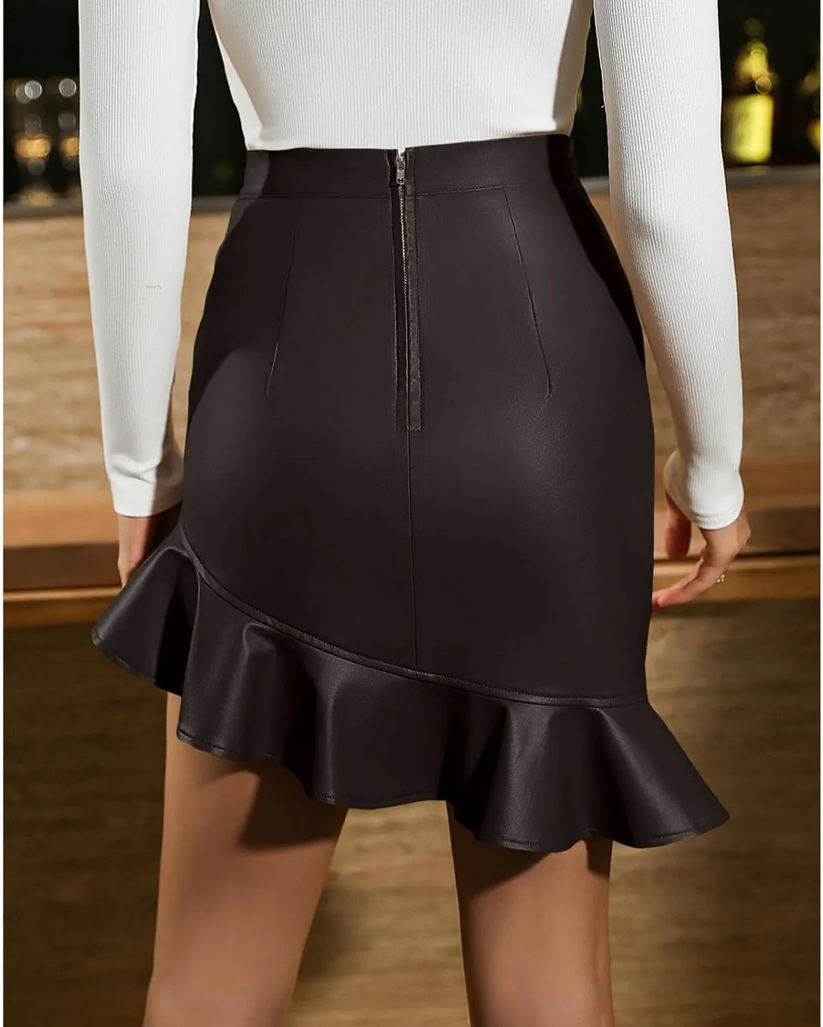 Bodycon Mini Skirts for Women Fashion Faux Leather Elastic High Waisted Skort Elegant Ruffle Hem Pencil Short Skirts