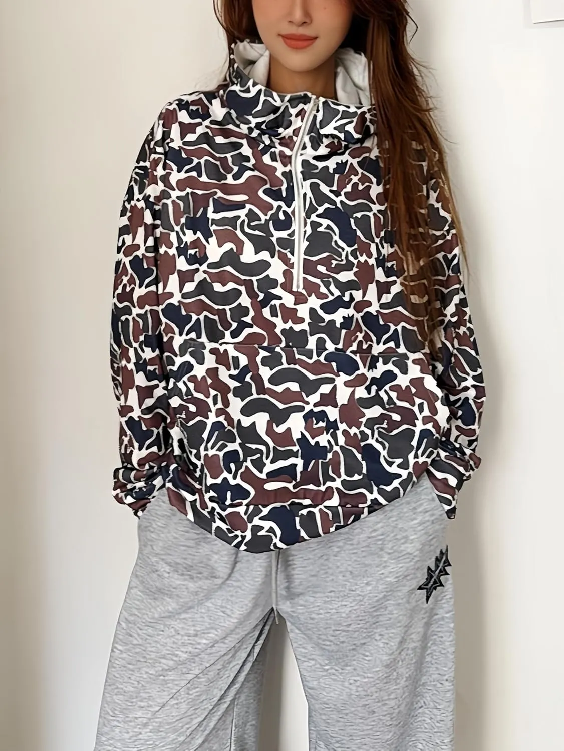 Camo Hoodie Y2k Hoodies Quarter Zip Pullover Sweater Women Oversized Cute Hoodie Colorful Patchwork Cheetah Hoodies