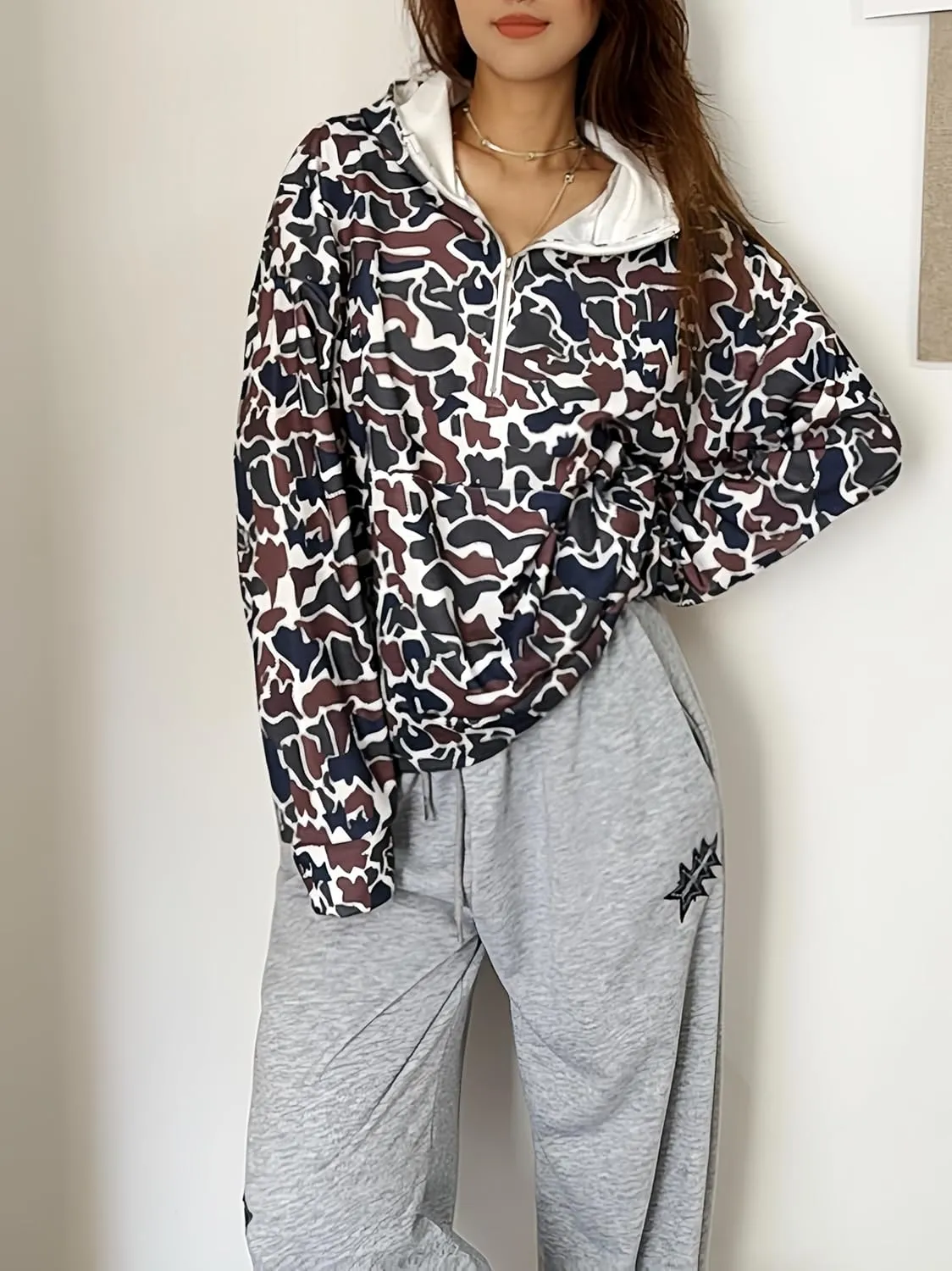 Camo Hoodie Y2k Hoodies Quarter Zip Pullover Sweater Women Oversized Cute Hoodie Colorful Patchwork Cheetah Hoodies