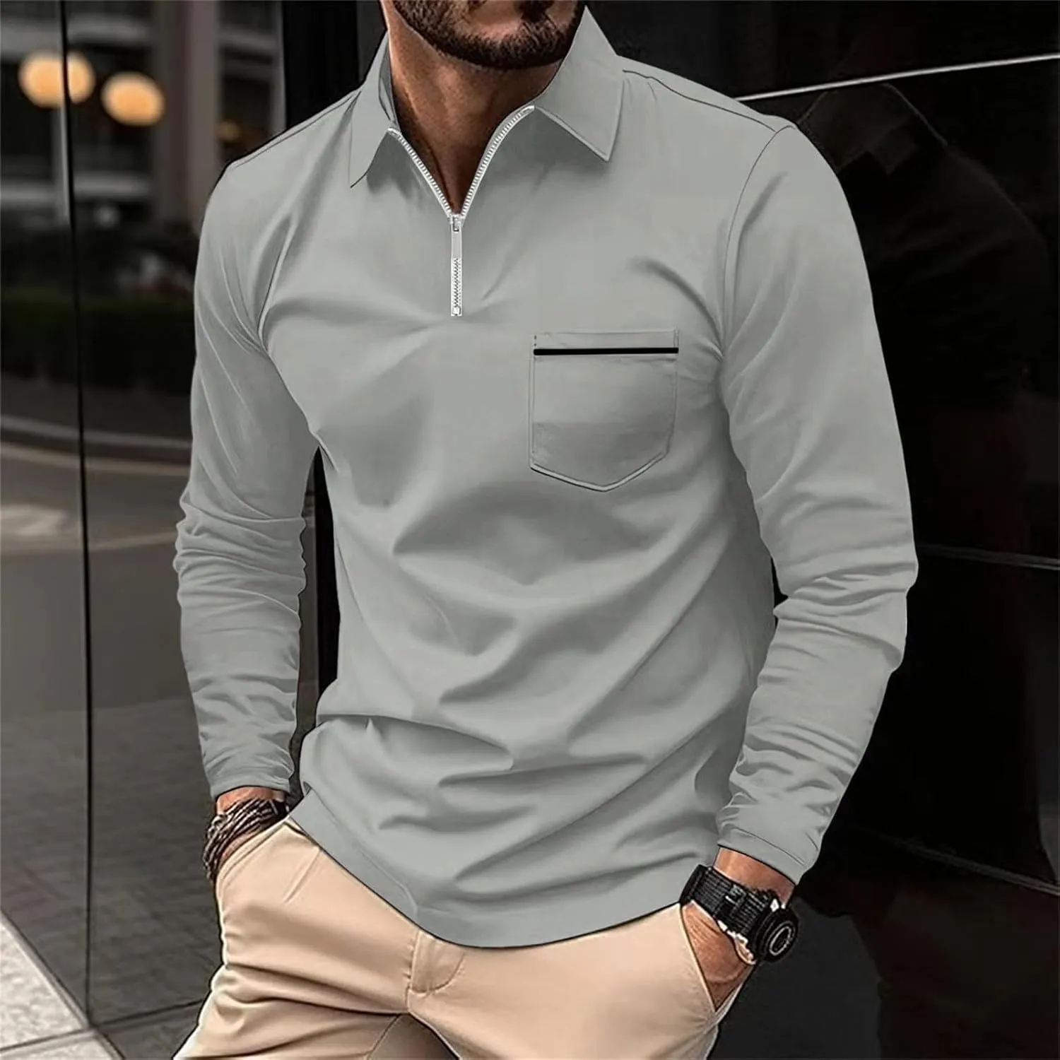 Casual Quarter Zip Up Polo Shirt for Men Business Office Polo Shirt Lightweight Shirt Tops UPF 50  with Pocket