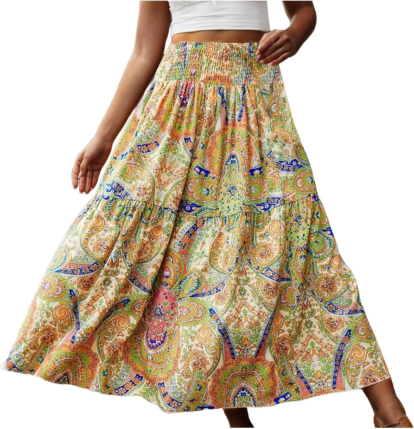 Casual Skirts for Women Summer Vacation Bohemian Aztec Print Pleated High Waist Elastic 2025 Beach Boha Maxi Skirts