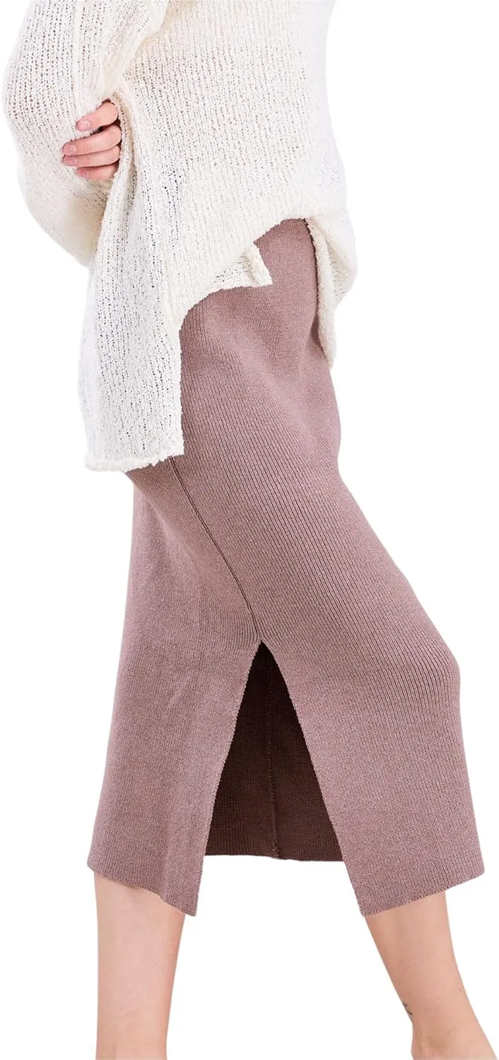 CHARTOU Women Fall Winter Stretchy Knit Skirt Side Slit Pencil Long Sweater Skirt
