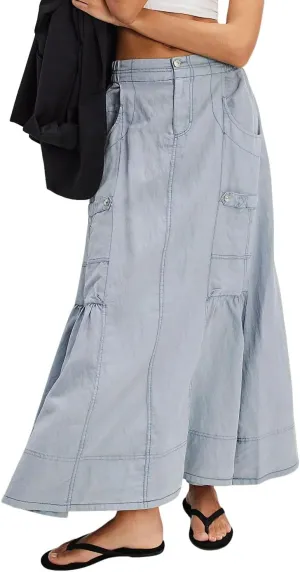 CHARTOU Women Lightweight Tencel Denim Skirt Utility Maxi Parachute Cargo Skirt with Pockets