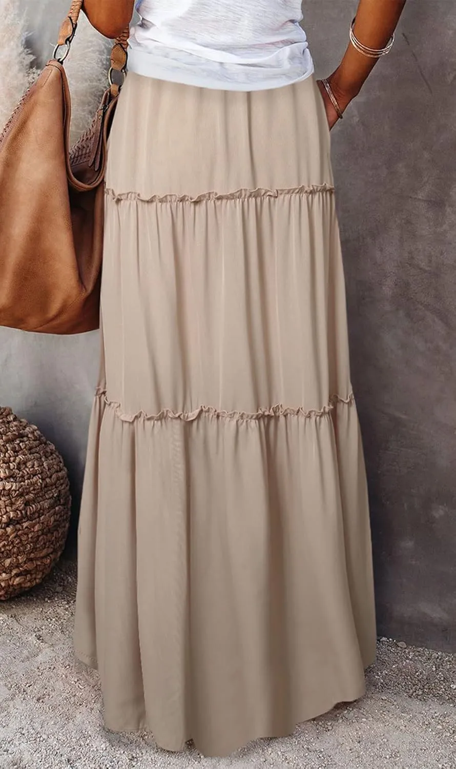 CHARTOU Women Long Pleated Skirt Tiered Maxi Skirt High Waist Ruffle A Line Skirt Flowy Skirt with Pockets