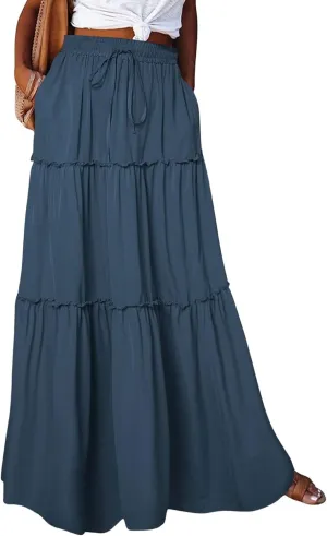 CHARTOU Women Long Pleated Skirt Tiered Maxi Skirt High Waist Ruffle A Line Skirt Flowy Skirt with Pockets