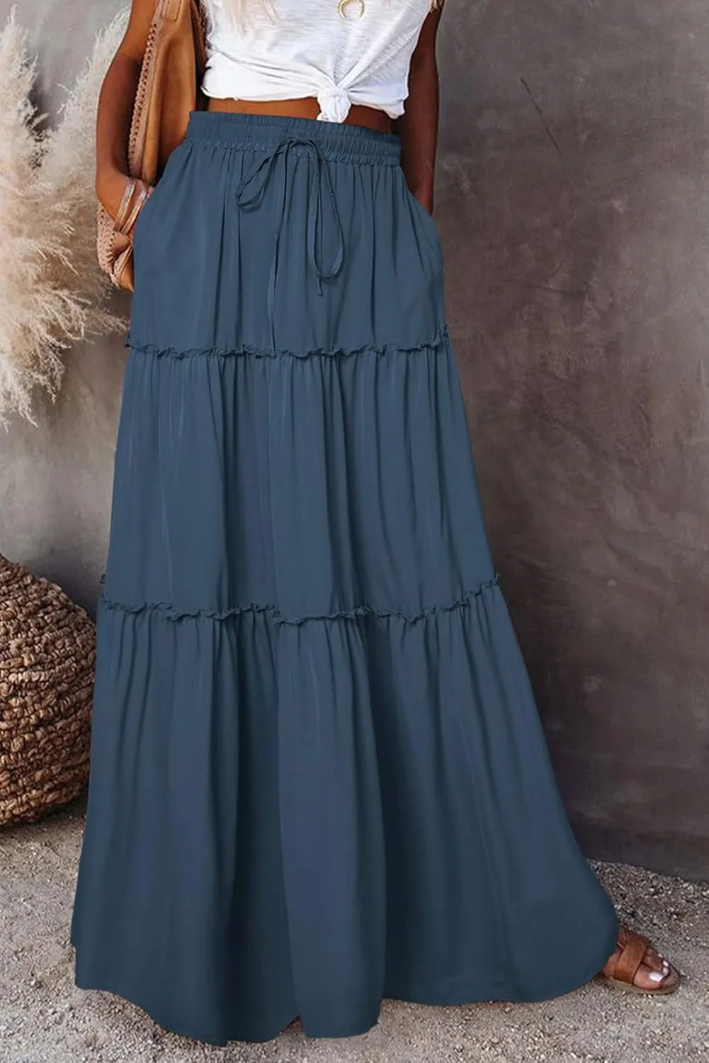 CHARTOU Women Long Pleated Skirt Tiered Maxi Skirt High Waist Ruffle A Line Skirt Flowy Skirt with Pockets