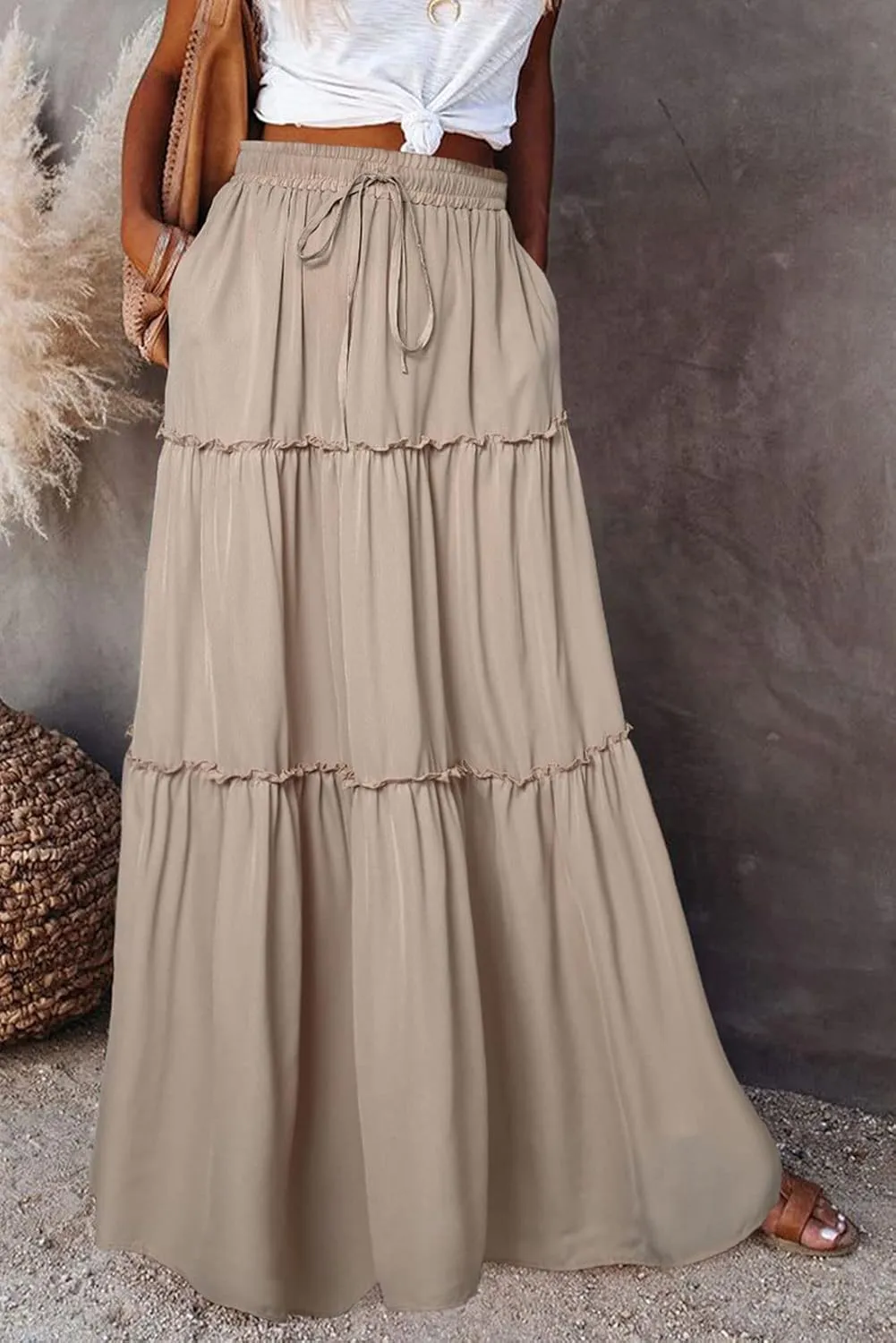 CHARTOU Women Long Pleated Skirt Tiered Maxi Skirt High Waist Ruffle A Line Skirt Flowy Skirt with Pockets