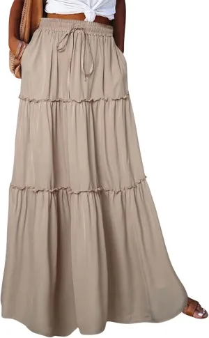 CHARTOU Women Long Pleated Skirt Tiered Maxi Skirt High Waist Ruffle A Line Skirt Flowy Skirt with Pockets