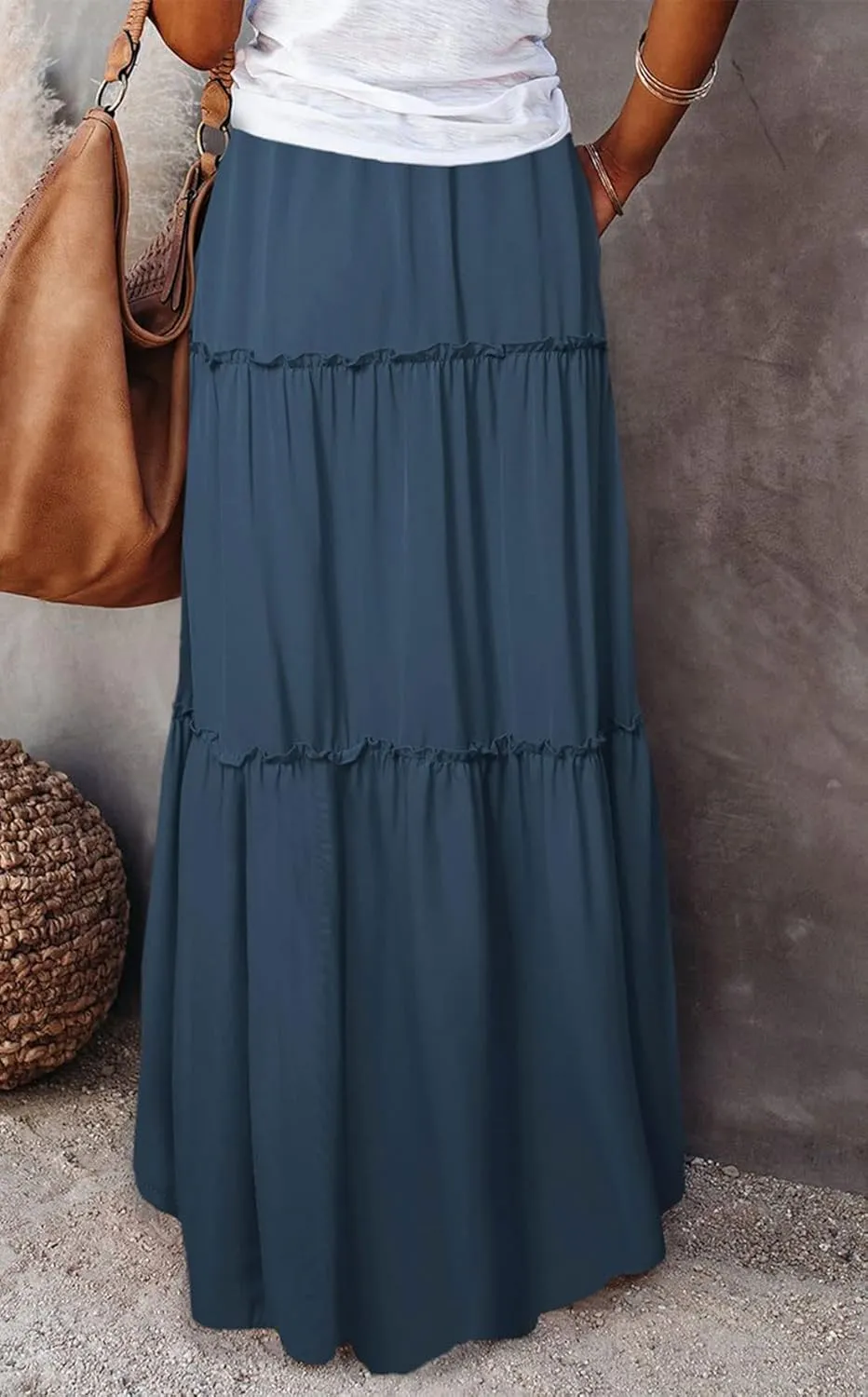 CHARTOU Women Long Pleated Skirt Tiered Maxi Skirt High Waist Ruffle A Line Skirt Flowy Skirt with Pockets