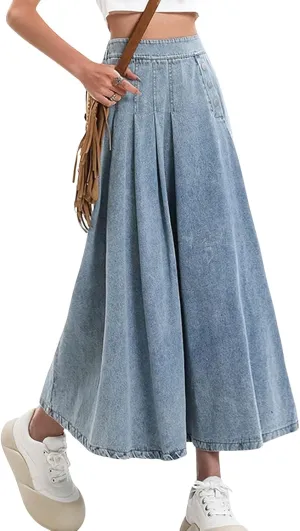 CHARTOU Women Pleated Denim Skirt Long Jean Skirt Flowy Elastic Waist Denim Maxi Ruffle Skirt Flare A Line Skirt