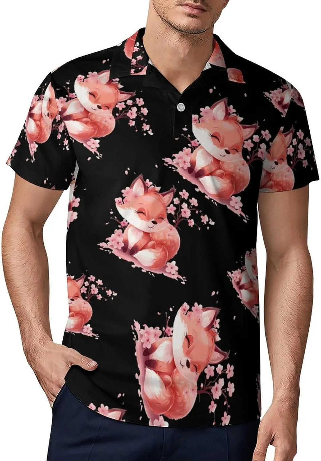 Cherry Flowers Fox Men's Polo Shirt Short Sleeve Print T Shirt Slim Fit Golf Shirt Collared Tee Casual Top