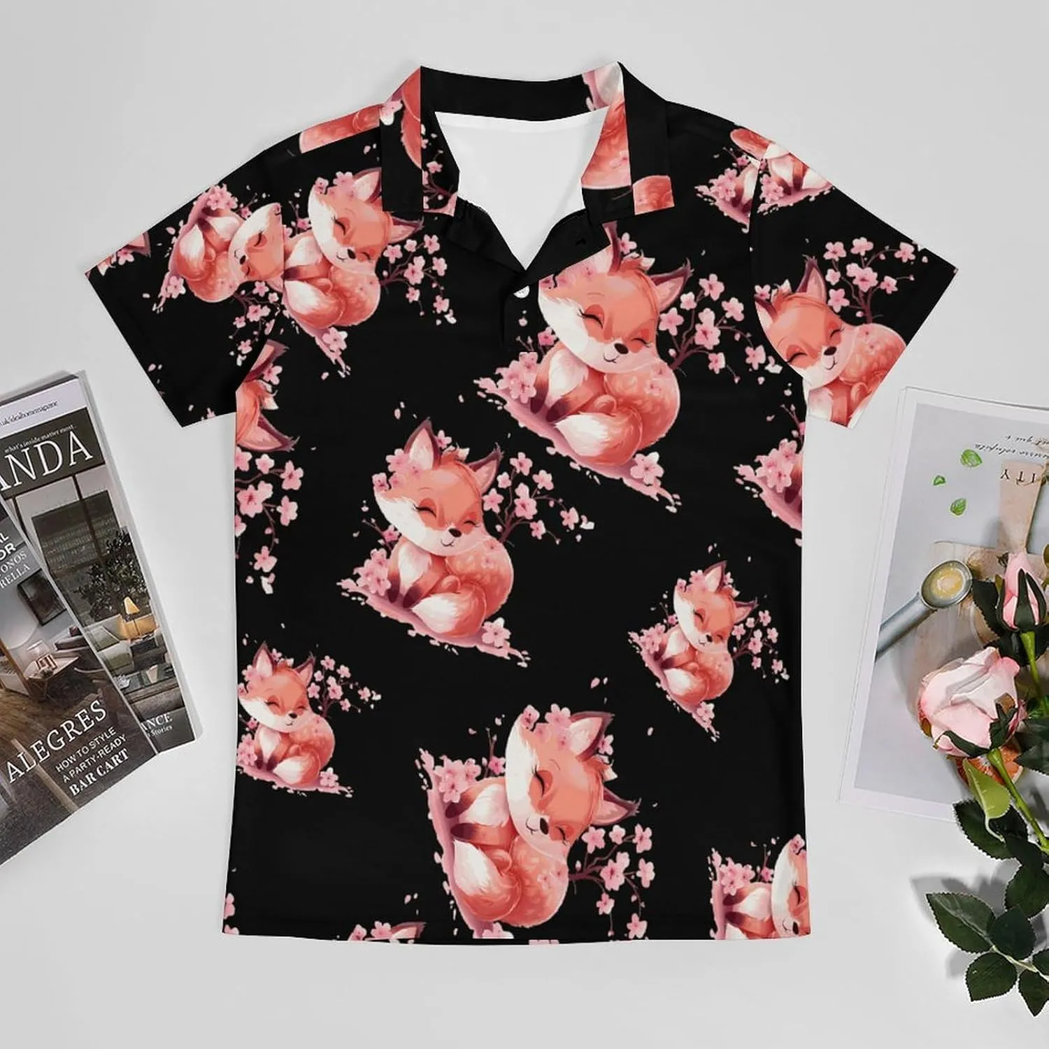 Cherry Flowers Fox Men's Polo Shirt Short Sleeve Print T Shirt Slim Fit Golf Shirt Collared Tee Casual Top