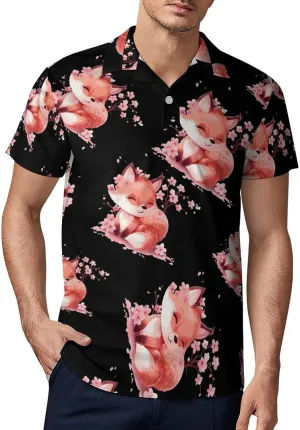 Cherry Flowers Fox Men's Polo Shirt Short Sleeve Print T Shirt Slim Fit Golf Shirt Collared Tee Casual Top
