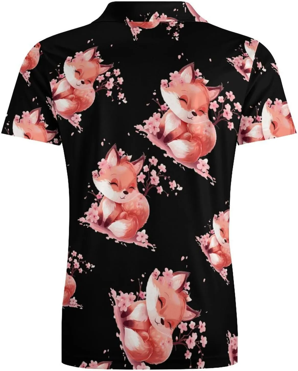 Cherry Flowers Fox Men's Polo Shirt Short Sleeve Print T Shirt Slim Fit Golf Shirt Collared Tee Casual Top