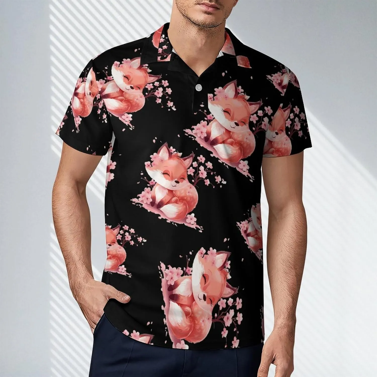 Cherry Flowers Fox Men's Polo Shirt Short Sleeve Print T Shirt Slim Fit Golf Shirt Collared Tee Casual Top
