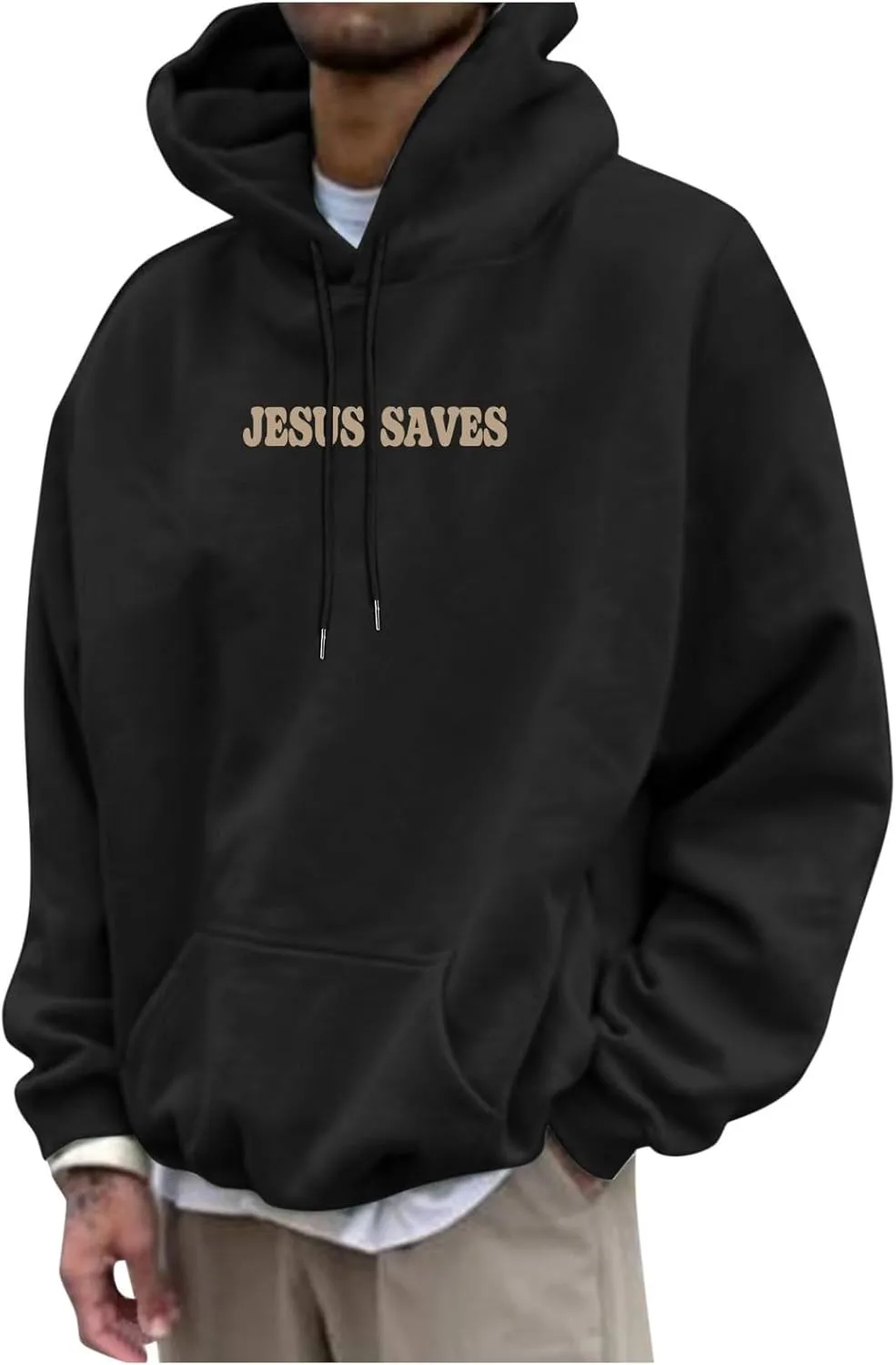 Christian Hoodie for Men Jesus Saves Letter Print Pullover Tops with Pocket Inspirational Long Sleeve Fall Hooded Sweatshirt