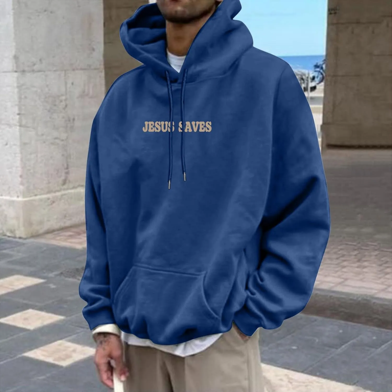 Christian Hoodie for Men Jesus Saves Letter Print Pullover Tops with Pocket Inspirational Long Sleeve Fall Hooded Sweatshirt