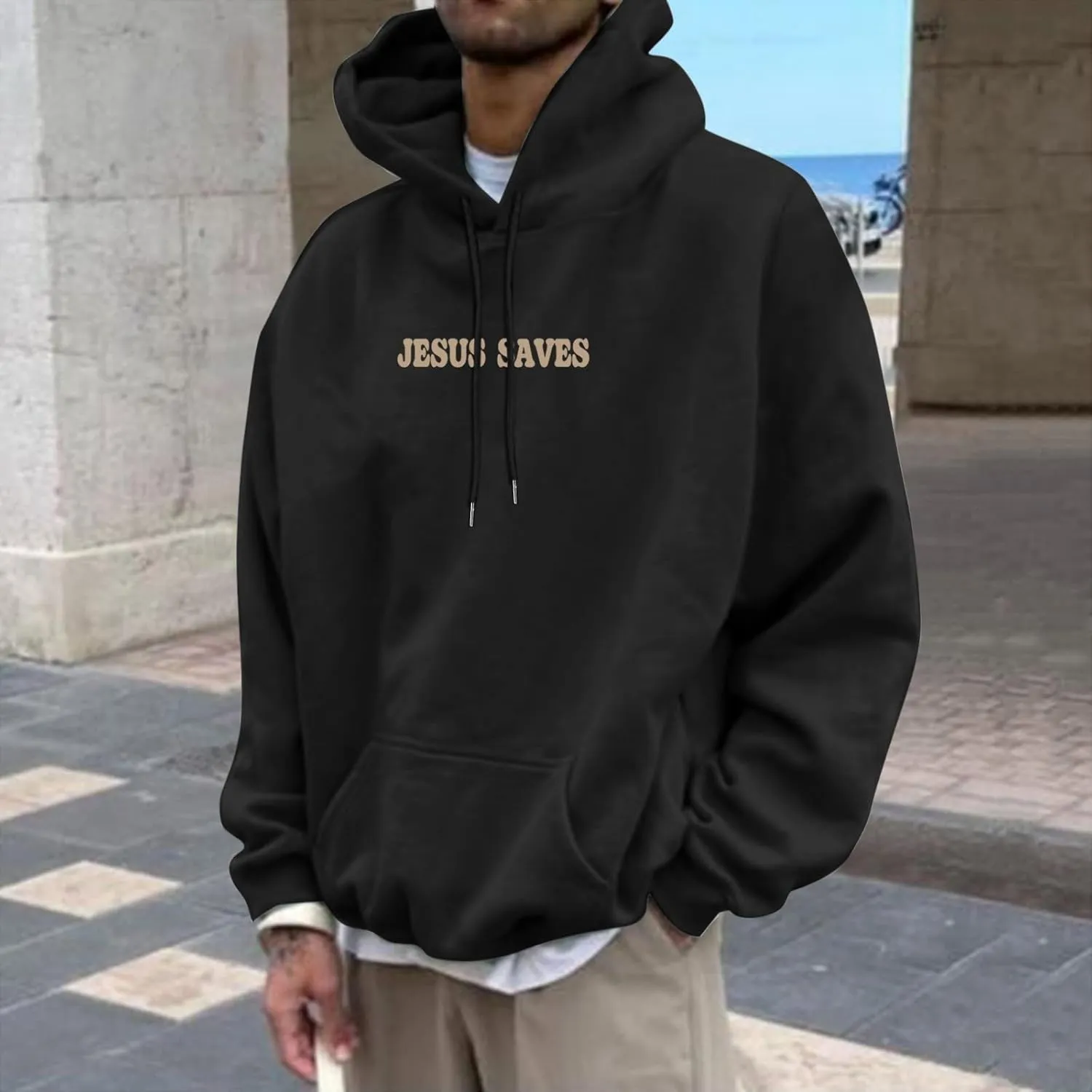 Christian Hoodie for Men Jesus Saves Letter Print Pullover Tops with Pocket Inspirational Long Sleeve Fall Hooded Sweatshirt