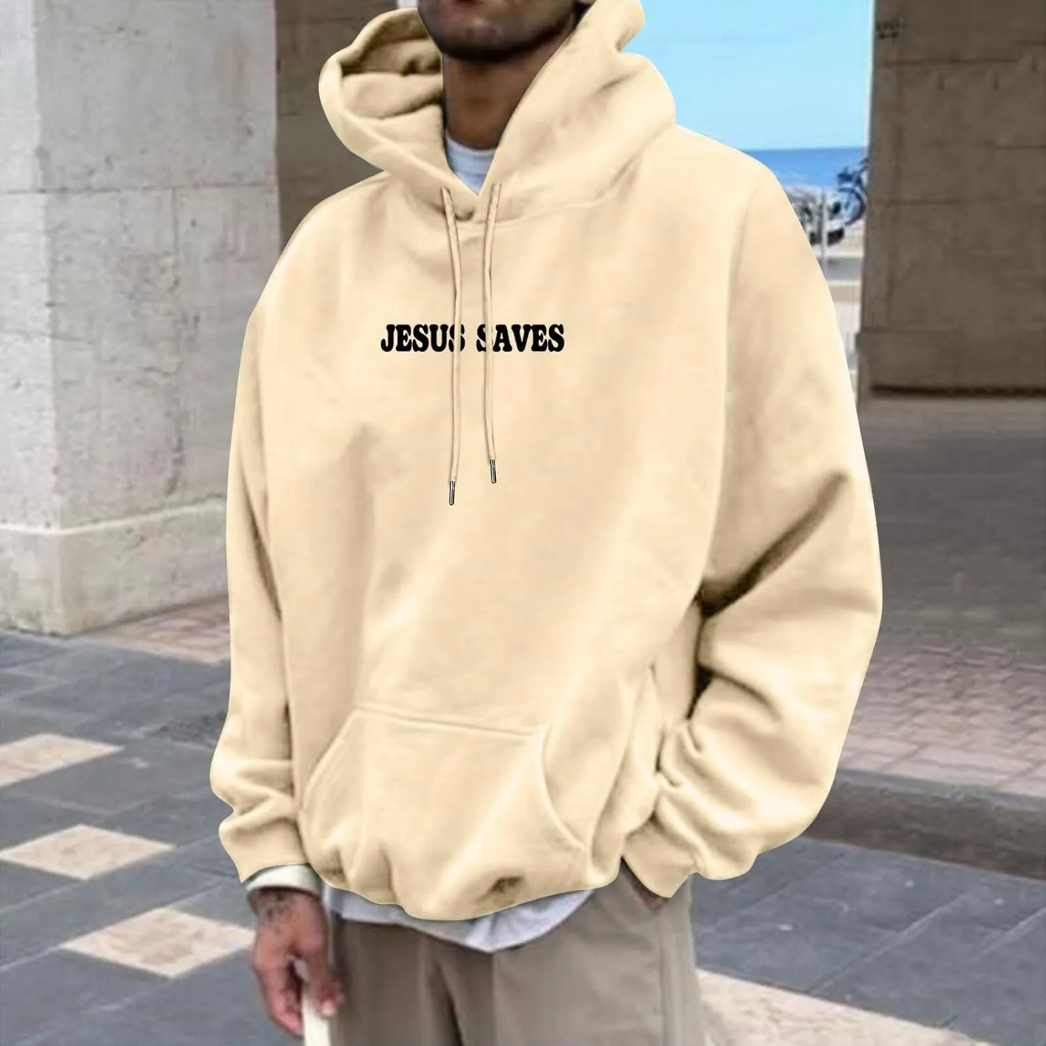 Christian Hoodie for Men Jesus Saves Letter Print Pullover Tops with Pocket Inspirational Long Sleeve Fall Hooded Sweatshirt