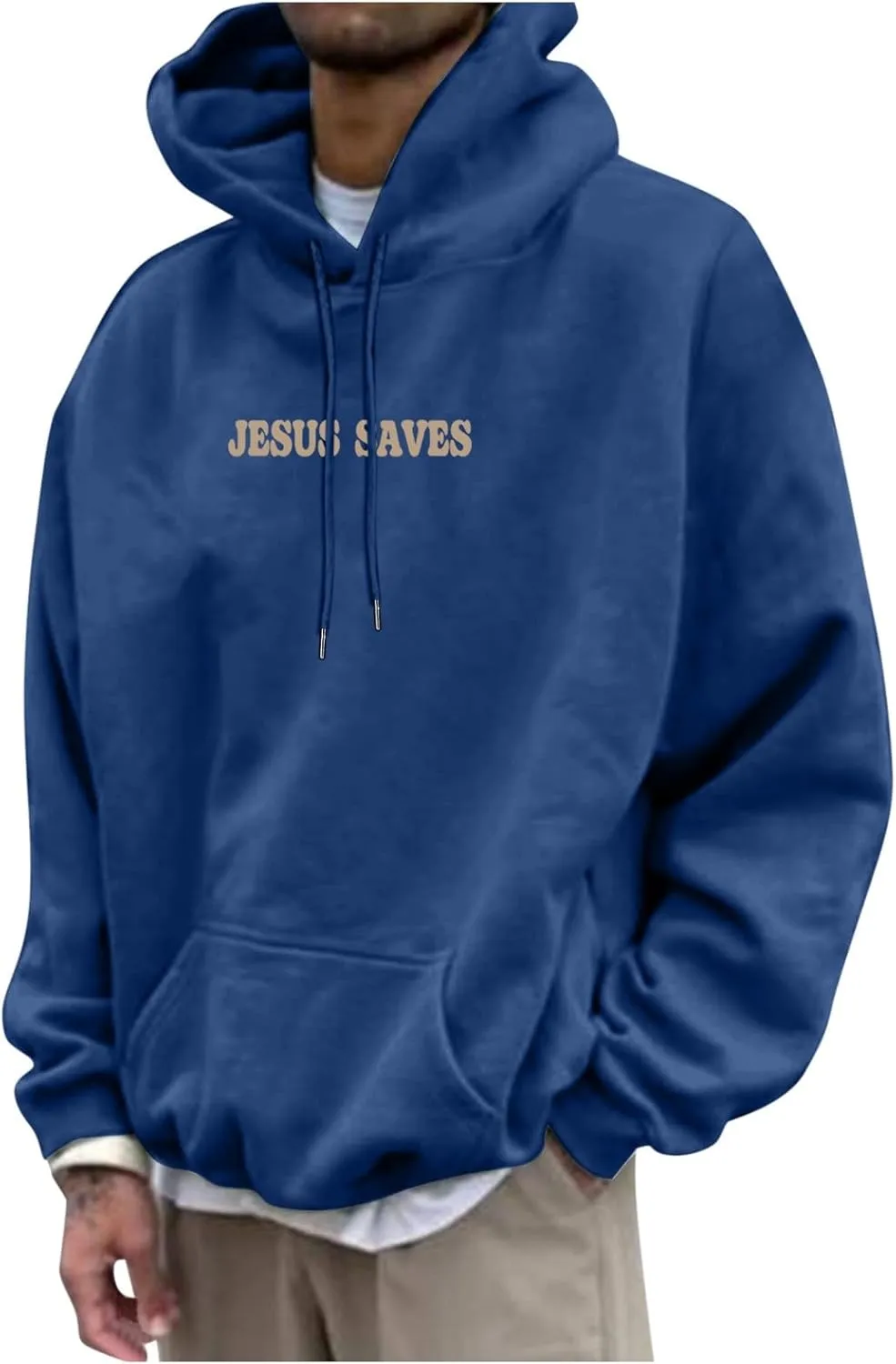 Christian Hoodie for Men Jesus Saves Letter Print Pullover Tops with Pocket Inspirational Long Sleeve Fall Hooded Sweatshirt