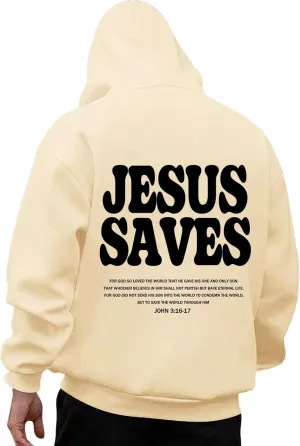 Christian Hoodie for Men Jesus Saves Letter Print Pullover Tops with Pocket Inspirational Long Sleeve Fall Hooded Sweatshirt