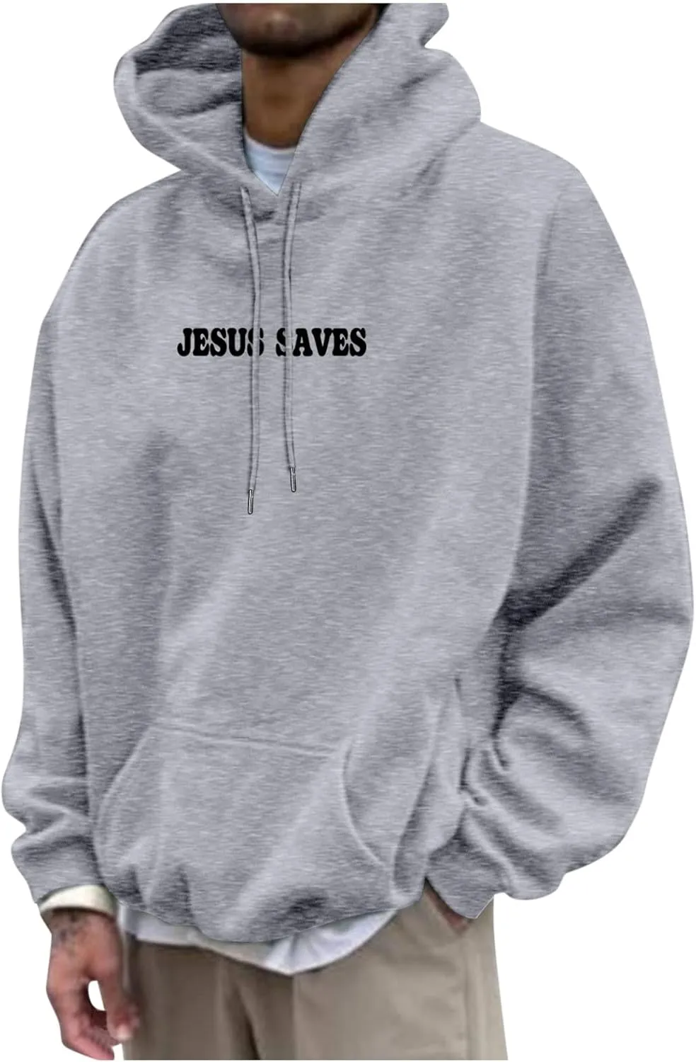 Christian Hoodie for Men Jesus Saves Letter Print Pullover Tops with Pocket Inspirational Long Sleeve Fall Hooded Sweatshirt