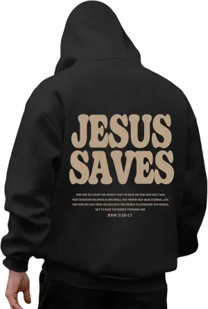 Christian Hoodie for Men Jesus Saves Letter Print Pullover Tops with Pocket Inspirational Long Sleeve Fall Hooded Sweatshirt