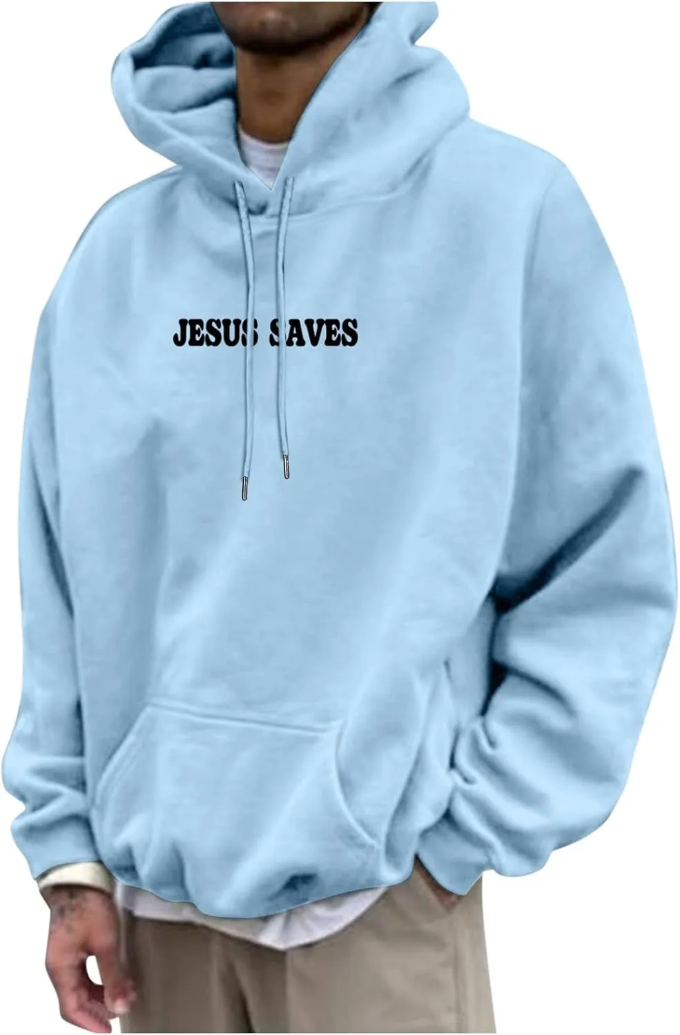 Christian Hoodie for Men Jesus Saves Letter Print Pullover Tops with Pocket Inspirational Long Sleeve Fall Hooded Sweatshirt