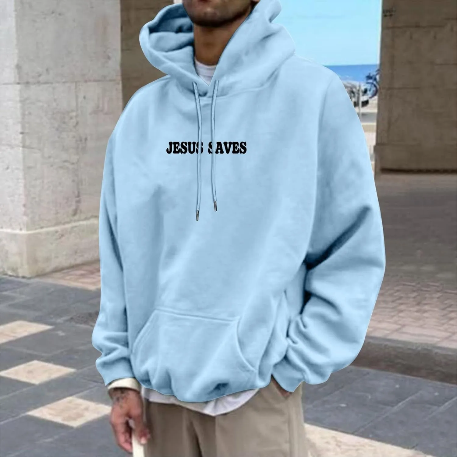 Christian Hoodie for Men Jesus Saves Letter Print Pullover Tops with Pocket Inspirational Long Sleeve Fall Hooded Sweatshirt