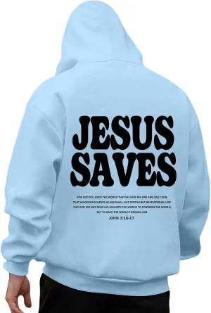 Christian Hoodie for Men Jesus Saves Letter Print Pullover Tops with Pocket Inspirational Long Sleeve Fall Hooded Sweatshirt