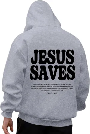 Christian Hoodie for Men Jesus Saves Letter Print Pullover Tops with Pocket Inspirational Long Sleeve Fall Hooded Sweatshirt