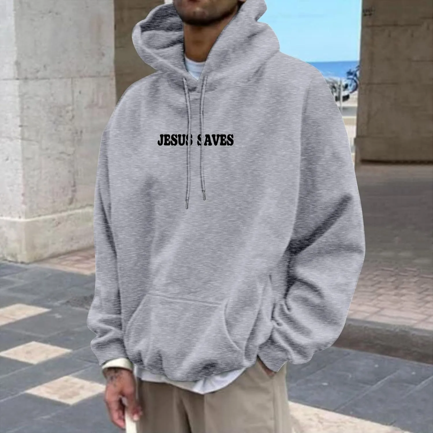 Christian Hoodie for Men Jesus Saves Letter Print Pullover Tops with Pocket Inspirational Long Sleeve Fall Hooded Sweatshirt
