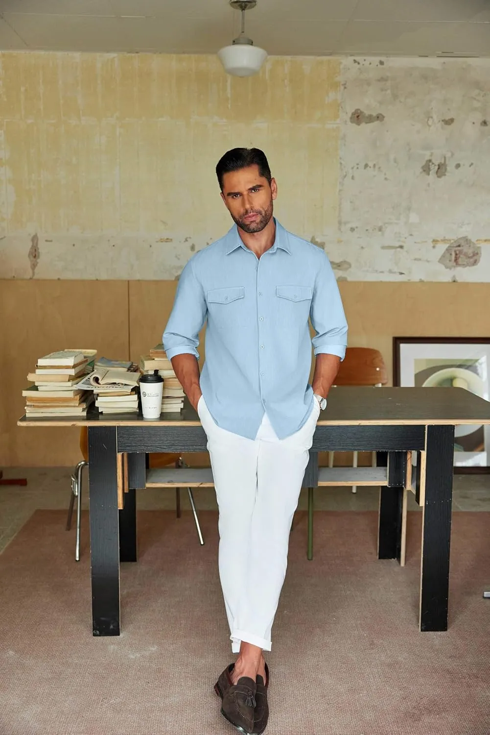 COOFANDY Men's Casual Button Down Shirt Long Sleeve Untucked Shirt Stretch Denim Dress Shirt with Pockets
